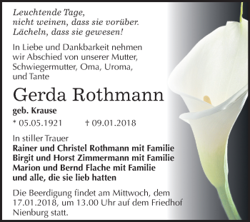 Traueranzeige von Gerda Rothmann von Mitteldeutsche Zeitung
