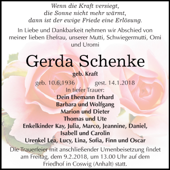 Traueranzeige von Gerda Schenke von Super Sonntag Wittenberg