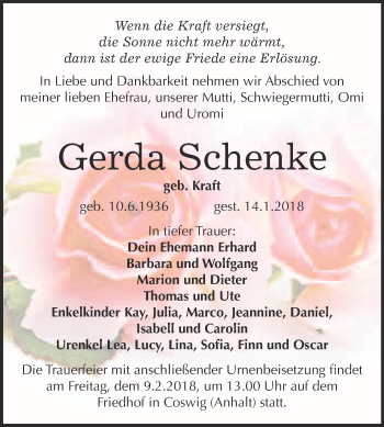 Traueranzeige von Gerda Schenke von Super Sonntag Wittenberg