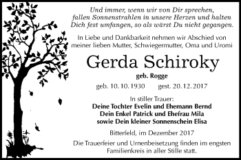 Traueranzeige von Gerda Schiroky von Mitteldeutsche Zeitung Bitterfeld