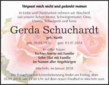 Traueranzeige von Gerda Schuchardt von WVG - Wochenspiegel Merseburg