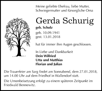 Traueranzeige von Gerda Schurig von WVG - Wochenspiegel Merseburg