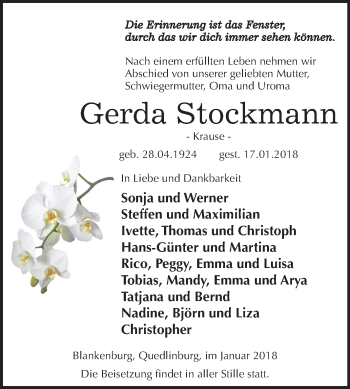 Traueranzeige von Gerda Stockmann von Mitteldeutsche Zeitung
