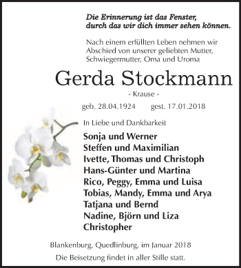 Traueranzeige von Gerda Stockmann von WVG - Wochenspiegel Quedlinburg