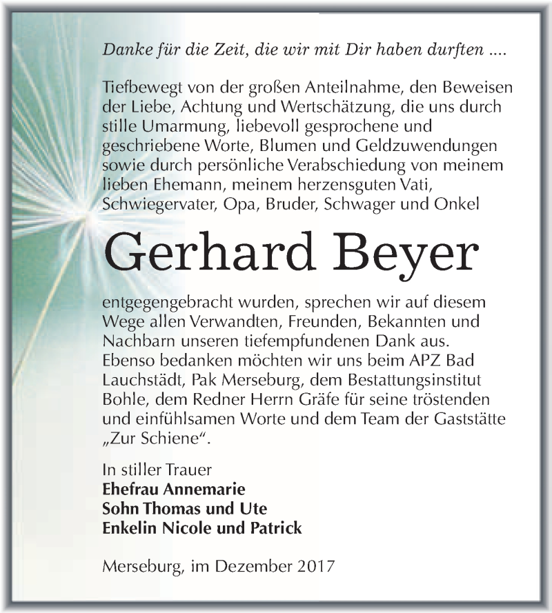  Traueranzeige für Gerhard Beyer vom 06.01.2018 aus WVG - Wochenspiegel Merseburg