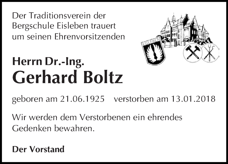  Traueranzeige für Gerhard Boltz vom 20.01.2018 aus Super Sonntag SGH Mansf. Land