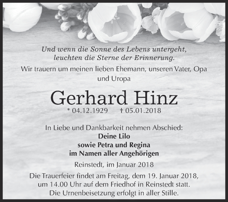  Traueranzeige für Gerhard Hinz vom 13.01.2018 aus Super Sonntag Aschersleben
