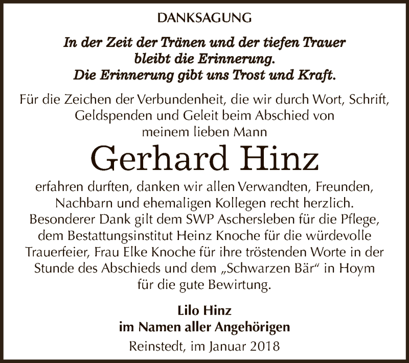  Traueranzeige für Gerhard Hinz vom 27.01.2018 aus Super Sonntag Aschersleben