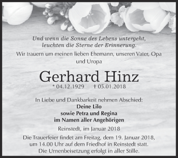 Traueranzeige von Gerhard Hinz von Super Sonntag Aschersleben