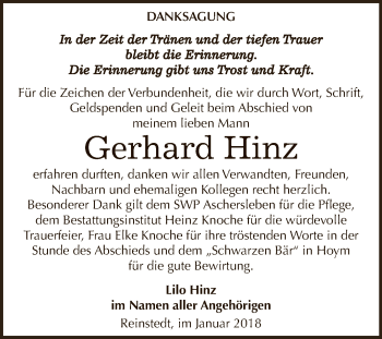 Traueranzeige von Gerhard Hinz von Super Sonntag Aschersleben