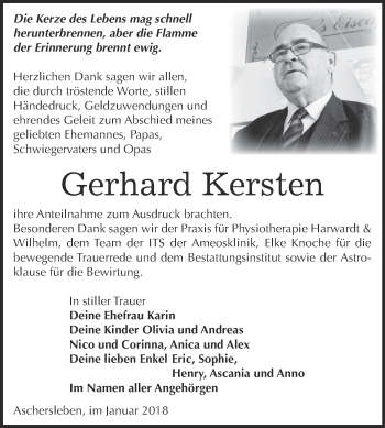 Traueranzeige von Gerhard Kersten von Super Sonntag Aschersleben