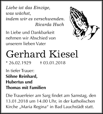 Traueranzeige von Gerhard Kiesel von Mitteldeutsche Zeitung Merseburg/Querfurt