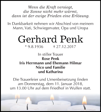 Traueranzeige von Gerhard Penk von WVG - Wochenspiegel Dessau / Köthen