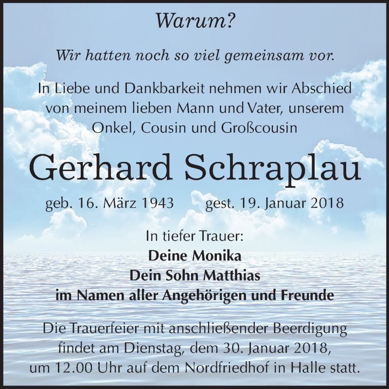  Traueranzeige für Gerhard Schraplau vom 27.01.2018 aus Mitteldeutsche Zeitung Halle/Saalkreis