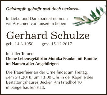 Traueranzeige von Gerhard Schulze von Super Sonntag SGH Mansf. Land