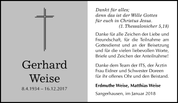Traueranzeige von Gerhard Weise von Mitteldeutsche Zeitung Sangerhausen