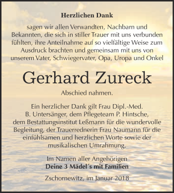 Traueranzeige von Gerhard Zureck von WVG - Wochenspiegel Wittenberg