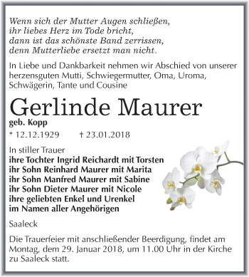 Traueranzeige von Gerlinde Maurer von Mitteldeutsche Zeitung
