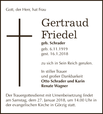 Traueranzeige von Gertraud Friedel von WVG - Wochenspiegel Dessau / Köthen