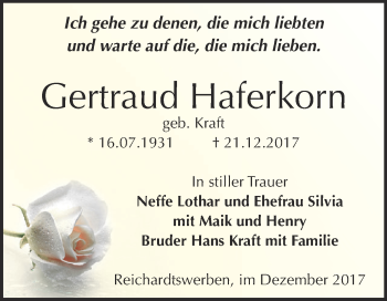 Traueranzeige von Gertraud Haferkorn von WVG - Wochenspiegel NMB / WSF / ZTZ