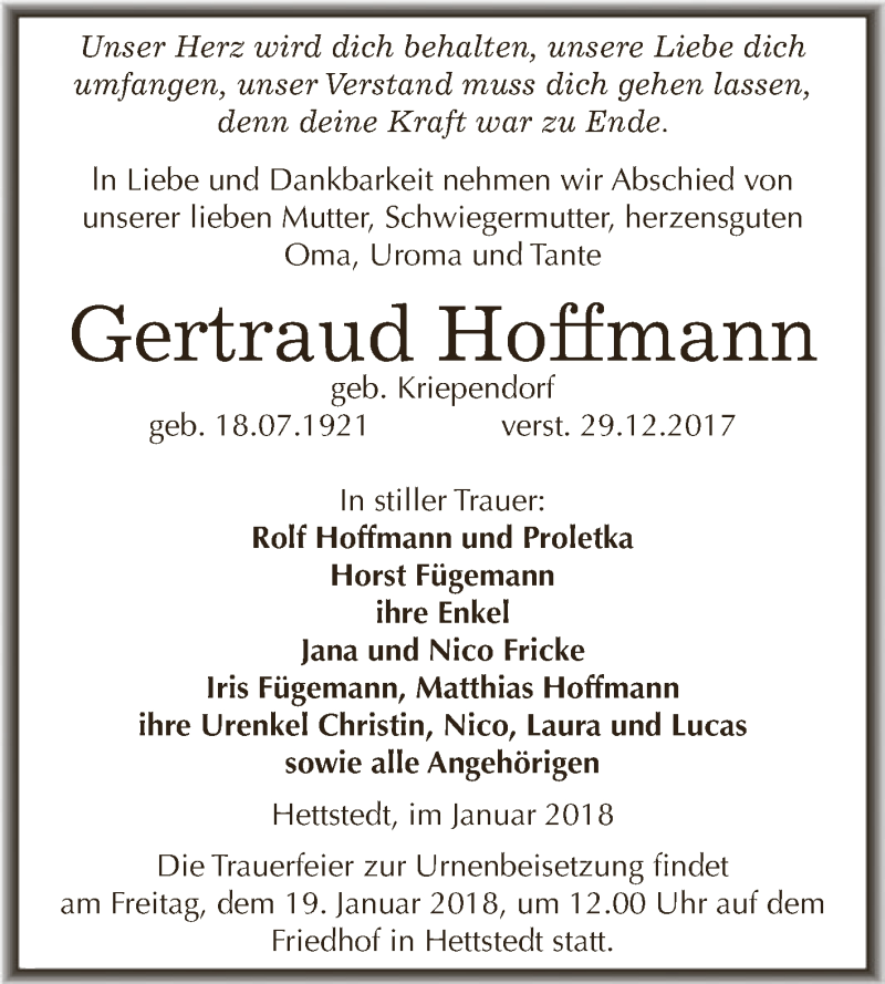  Traueranzeige für Gertraud Hoffmann vom 17.01.2018 aus Wochenspiegel Mansfelder Land