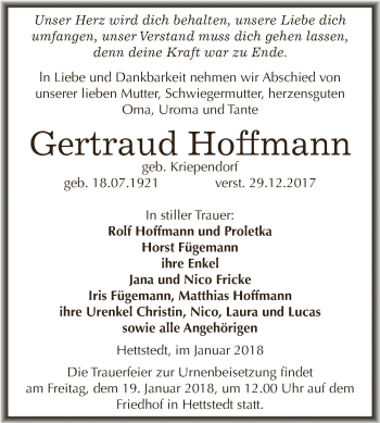 Traueranzeige von Gertraud Hoffmann von Wochenspiegel Mansfelder Land