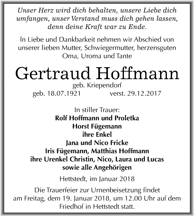  Traueranzeige für Gertraud Hoffmann vom 12.01.2018 aus Mitteldeutsche Zeitung