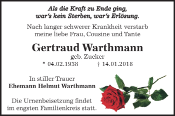 Traueranzeige von Gertraud Warthmann von Mitteldeutsche Zeitung Bernburg