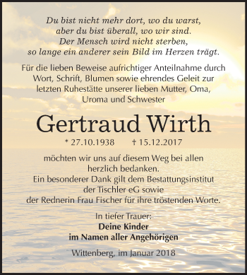 Traueranzeige von Gertraud Wirth von Mitteldeutsche Zeitung