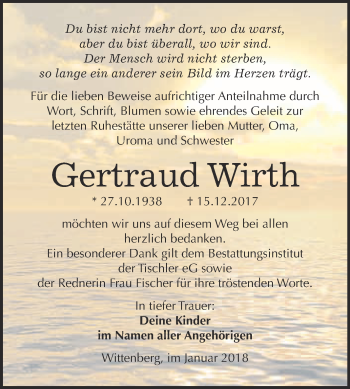 Traueranzeige von Gertraud Wirth von Super Sonntag Wittenberg