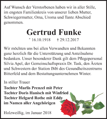 Traueranzeige von Gertrud Funke von Mitteldeutsche Zeitung Bitterfeld