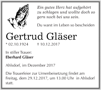 Traueranzeige von Gertrud Gläser von Wochenspiegel Mansfelder Land