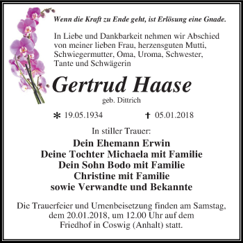 Traueranzeige von Gertrud Haase von WVG - Wochenspiegel Dessau / Köthen