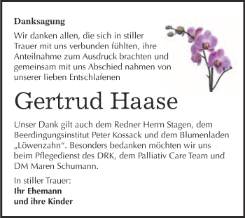 Traueranzeige von Gertrud Haase von Super Sonntag Wittenberg
