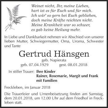 Traueranzeige von Gertrud Hänsgen von Super Sonntag Aschersleben