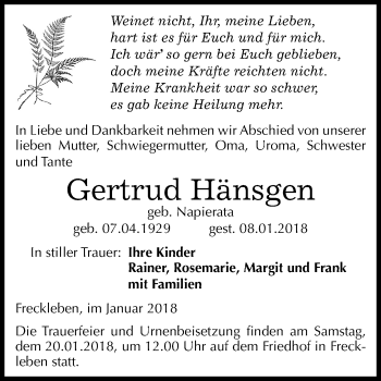 Traueranzeige von Gertrud Hänsgen von Mitteldeutsche Zeitung Aschersleben