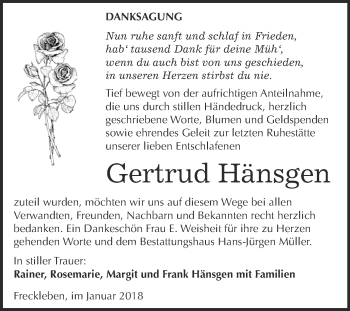 Traueranzeige von Gertrud Hänsgen von Super Sonntag Aschersleben