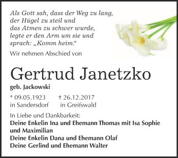 Traueranzeige von Gertrud Janetzko von WVG - Wochenspiegel Bitterfeld