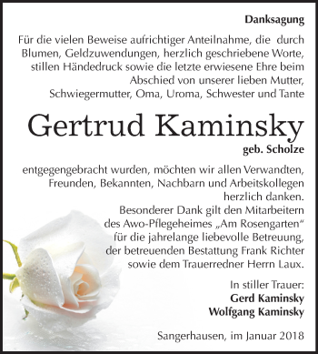 Traueranzeige von Gertrud Kaminsky von Mitteldeutsche Zeitung Sangerhausen