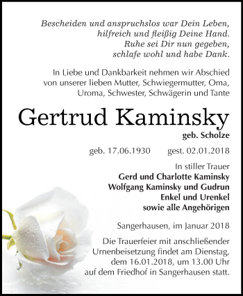 Traueranzeige von Gertrud Kaminsky von Super Sonntag SGH Mansf. Land