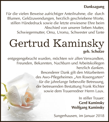 Traueranzeige von Gertrud Kaminsky von Super Sonntag SGH Mansf. Land