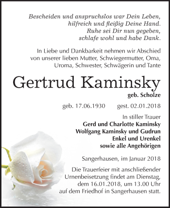 Traueranzeige von Gertrud Kaminsky von Mitteldeutsche Zeitung Sangerhausen