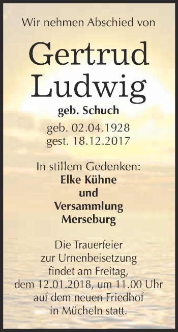 Traueranzeige von Gertrud Ludwig von WVG - Wochenspiegel Merseburg
