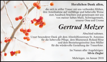 Traueranzeige von Gertrud Melzer von Mitteldeutsche Zeitung Aschersleben