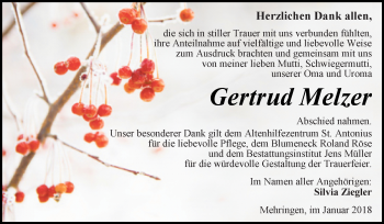 Traueranzeige von Gertrud Melzer von Super Sonntag Aschersleben