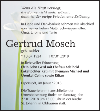 Traueranzeige von Gertrud Mosch von Mitteldeutsche Zeitung Merseburg/Querfurt