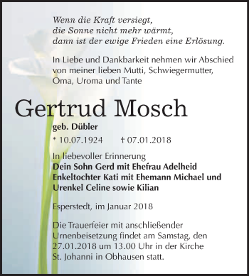 Traueranzeige von Gertrud Mosch von WVG - Wochenspiegel Merseburg