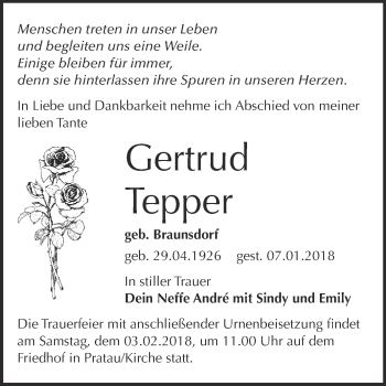 Traueranzeige von Gertrud Tepper von WVG - Wochenspiegel Wittenberg