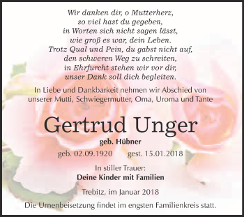Traueranzeige von Gertrud Unger von WVG - Wochenspiegel Wittenberg
