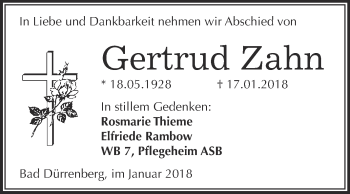 Traueranzeige von Gertrud Zahn von Super Sonntag Merseburg